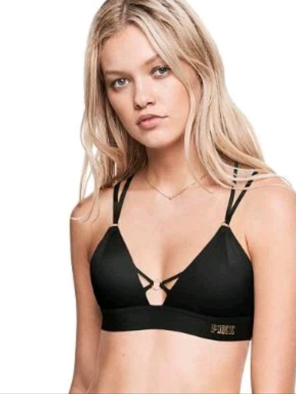 PINK Victoria's Secret Bonded Black Strappy Triangle Logo Bralette